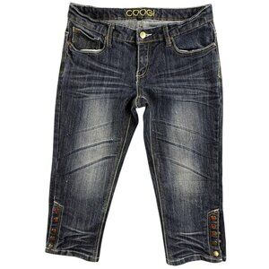 Coogi Jeans Womens Juniors 5/6 Blue Wash Rhinestone Button Hem Capri Stretch Y2K